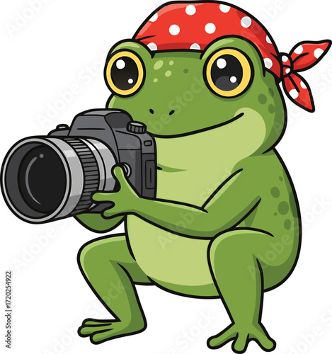 Cartoon frog photographer wearing a bandana holding a camera photography