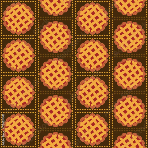 Seamless geometric pattern of cherry pies with lattice crust in dashed brown squares, dark background, ideal for modern textiles, wrapping paper, or autumn-themed designs