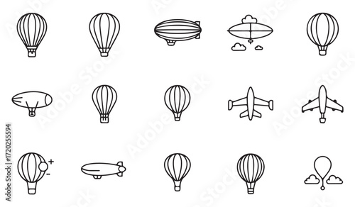 Line art icons of aviation vehicles including hot air balloons and zeppelins for creative design projects