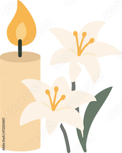 lit candle next to two white lilies with green leaves, symbolizing peace and remembrance.