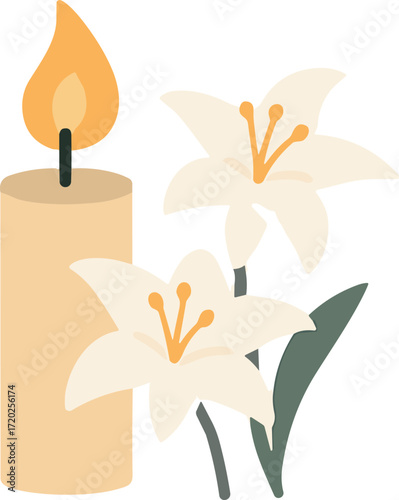 lit candle next to two white lilies with green leaves, symbolizing peace and remembrance.