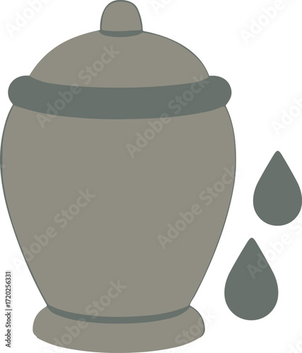 gray urn with a lid, accompanied by two teardrop shapes symbolizing mourning and loss.