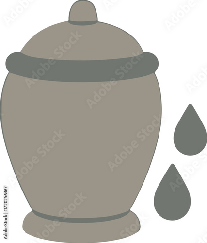 gray urn with a lid, accompanied by two teardrop shapes symbolizing mourning and loss.