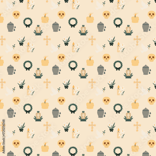 a seamless pattern on a black background featuring memorial symbols such as candles, doves, skulls, wreaths, crosses, lilies, calla flowers, and urns.
