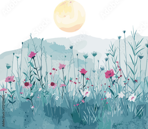 serene night scene with a glowing full moon above a meadow of tall wildflowers and grasses in soft blue and pink tones.