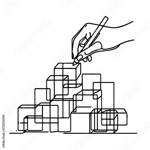 One line drawing hand drawing 3d cubes minimalist black and white style children’s concept