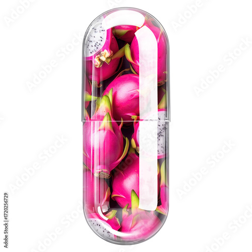 Natural Dragon Fruit (Pitaya) Supplement Capsule with Visible Pink Fruit Isolated