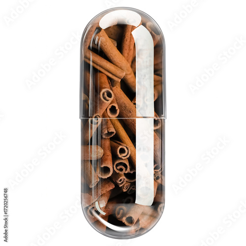 Clear Glass Capsule with Visible Cinnamon Bark Extract (Cinnamomum) Isolated PNG