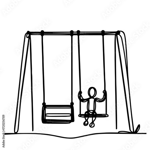 One line drawing child swing minimalist black and white style children’s concept
