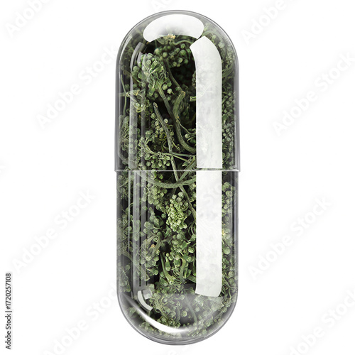 Ginseng Blossom Herbal Capsule Transparent Glass Isolated on White Background
