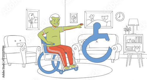 Active aging concept showing an elderly man in a wheelchair doing stretching exercises for health and mobility at home