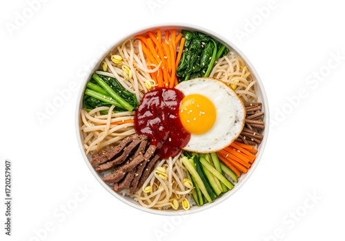 Colorful and flavorful bibimbap bowl displays a vibrant array of ingredients.