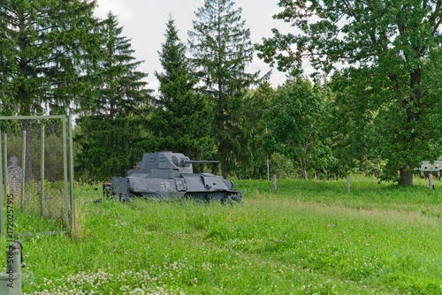 Minsk region, Belarus, July 12, 2025. A German tank from World War II on the Stalin Line.                               