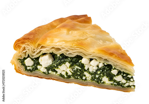 Close-up of a golden-brown, flaky pastry pie, showcasing a filling of spinach and feta cheese.