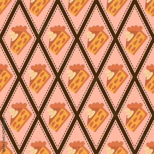 pattern featuring slices of pie in diamond-shaped frames with dark brown dashed borders on a soft pink background, ideal for baking-themed fabric, kitchen decor, and festive packaging