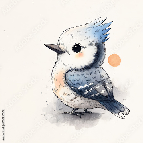Cute watercolor illustration of a blue jay bird with fluffy feathers