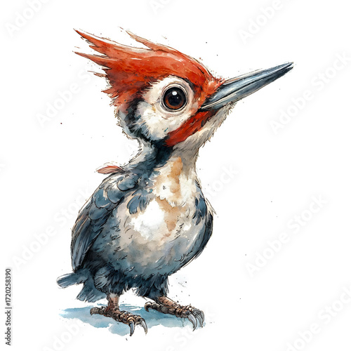 Whimsical watercolor illustration of a young woodpecker with red crest