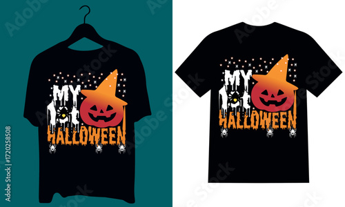 Happy Halloween Tee Designs: Artistic rendering of a captivating Halloween t-shirt design, showcasing festive holiday spirit, the spooky illustration exudes enchantment and thrills.