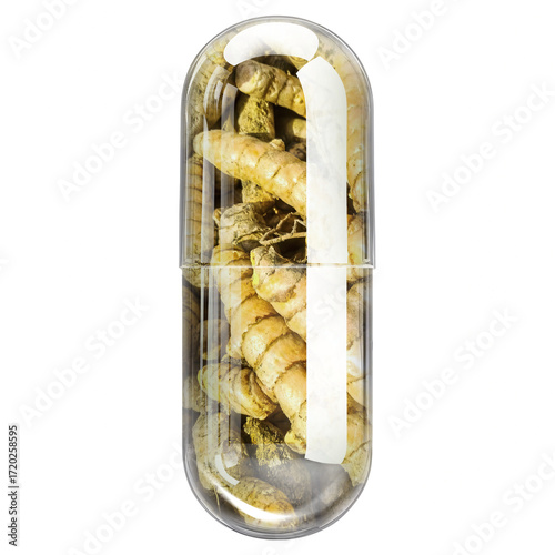 Transparent Glass Capsule with Golden Turmeric Curcumin Powder Isolated on White Background