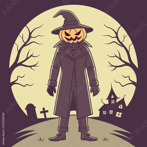 Vector art of spooky pumpkin head character in a trench coat standing in front of a haunted house and full moon on halloween night