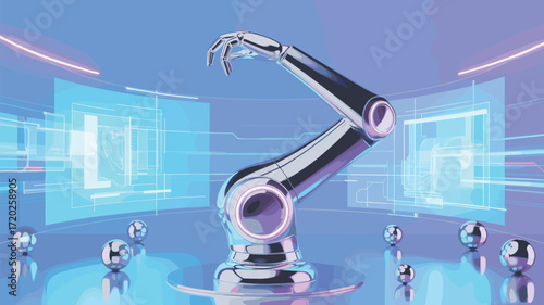 Robotic arm stands amidst glowing spheres and virtual displays, symbolizing industrial automation and digital interaction