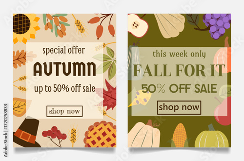 Two autumn sale banners: left features leaves, pie, and pilgrim hat ("up to 50% off"); right showcases pumpkins, grapes, and corn ("50% off this week only"), both with "Shop Now" buttons