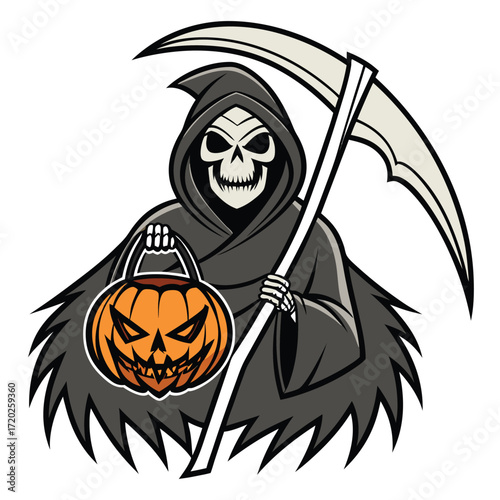 Vector art of grim reaper character holding a jackolantern and scythe