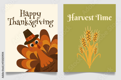 Two autumn cards with Thanksgiving and harvest themes, cartoon turkey in pilgrim hat, wheat illustration, warm colors, festive typography, isolated on light background