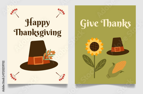 Two Thanksgiving cards with 'Happy Thanksgiving' and 'Give Thanks' text, pilgrim hat, sunflower, corn, and autumn leaves illustrations, warm colors, festive design