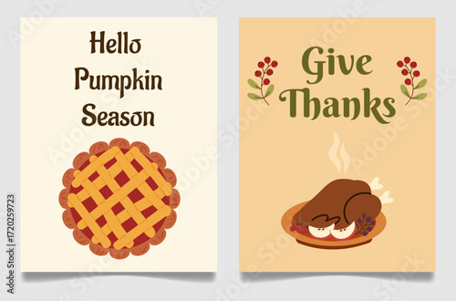 Two autumn cards with 'Hello Pumpkin Season' and 'Give Thanks' text, hand-drawn pumpkin pie and roasted turkey illustrations, warm colors, cozy holiday design