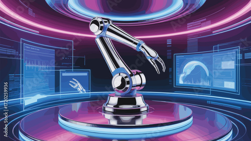 Industrial robotic arm, automation technology, future industry, data visualization, cybernetic control