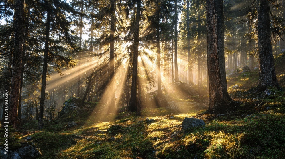 Fototapeta premium forest scene with golden light rays piercing through the trees creating a magical ambiance