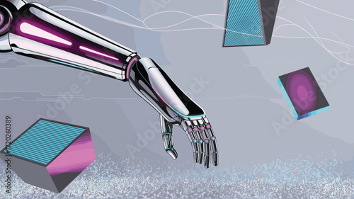 Robotic arm reaching for abstract data blocks. Digital futuristic space with floating elements. Technology integration.