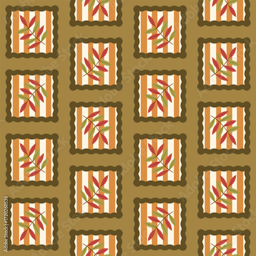 Seamless pattern of red and green leaves in scalloped brown frames on an orange striped background, ideal for autumn fabrics, wrapping paper, and rustic decor