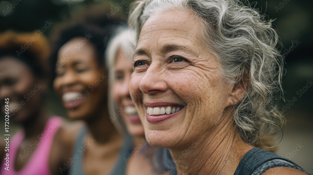 Fototapeta premium multiracial senior women having fun together after sport workout outdoor focus on left female face no logos no brands ar 169