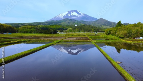 田んぼに映る大きな山