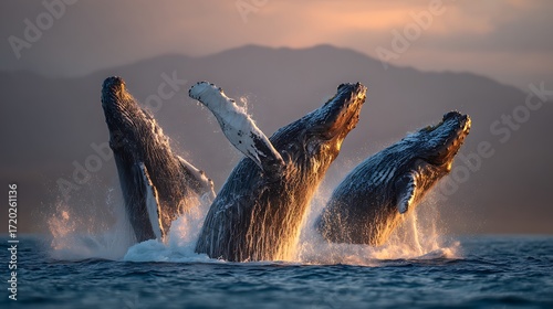 Fototapeta Naklejka Na Ścianę i Meble -  Three humpback whales breaching the ocean surface with mountains in the background at sunset