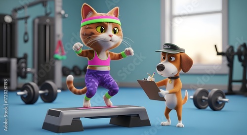 Aerobics: A cute cartoon cat exercising on a step with a trainer dog, symbolizing fitness, humor, and training
