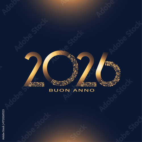 Biglietto o striscione per augurare un felice anno nuovo 2026 in oro su sfondo nero con riflessi dorati