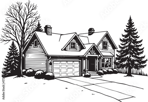 Cozy Home: A detailed illustration of a charming house surrounded by trees, inviting you to envision a warm and welcoming home.
