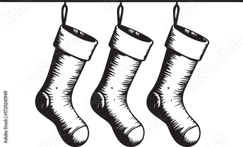 Festive Stockings: Three Christmas stockings hang, each anticipating the joy and wonder of the holiday season, a timeless symbol of anticipation and gifting.