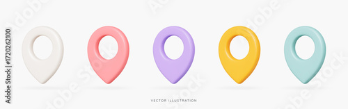 3D Pastel colours location pin icons with shadow. Navigation mark. Travel tag. Minimal elements for map, web and gps. Cartoon creative design icon set isolated on white. 3D Vector illustration
