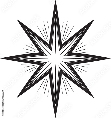 Celestial Radiance: An eight-pointed star illustration with radiating lines emanates light. A visual representation of brilliance and guidance.