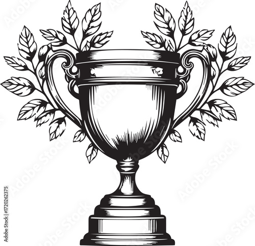 Award-Winning Engraving: An intricately engraved illustration showcases a majestic trophy, adorned with a laurel wreath, symbolizing triumph and excellence. This detailed artwork embodies elegance.