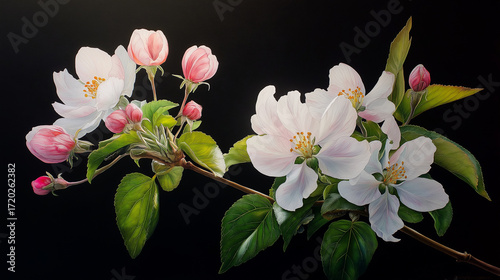Delicate Blossoms on a Branch against Deep Ground