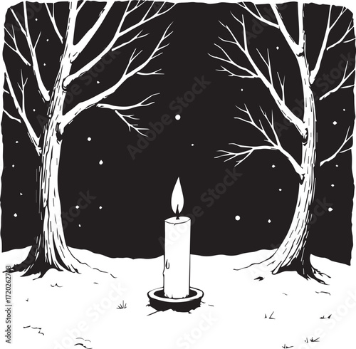 Candlelit serenity in Snowy Forest: a solitary candle casts a warm glow amidst the stark beauty of a snow-laden forest. The black and white image embodies tranquility and peace.
