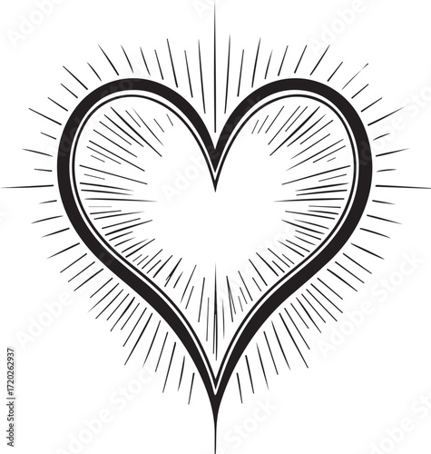 Radiant Heart: An illustration of a heart radiating lines symbolizing love and light, perfect for expressing affection and warmth, evokes strong emotions with its minimalist design.