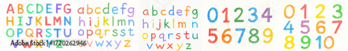Set of colorful illustrations of the alphabet with uppercase and lowercase letters and numbers, created by a child using colored pencils