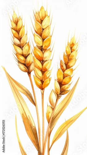Watercolor Illustration of Golden Wheat Stalks with Leaves on White Background