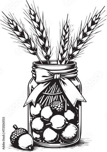 Rustic Harvest Still Life: An inviting illustration showcases a mason jar filled with ripe wheat and acorns, tied with a ribbon, evoking feelings of warmth and the bounty of harvest time. 
